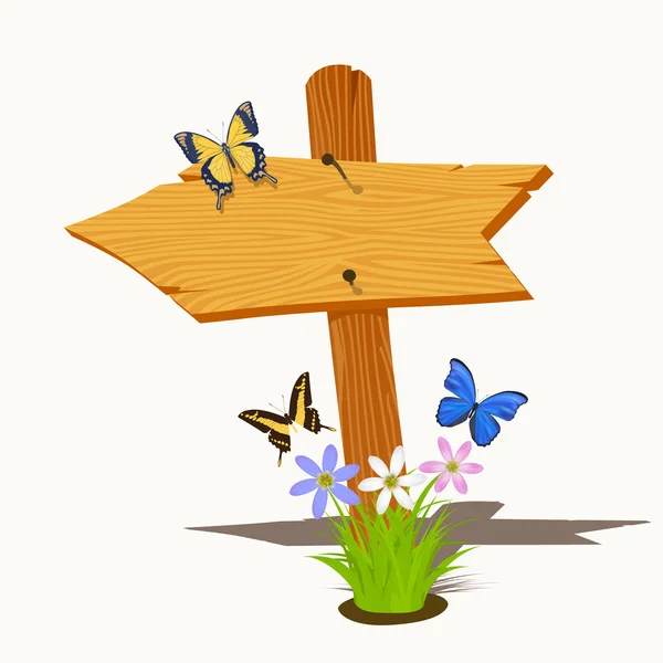 Flecha de madera con flores y mariposas. Ilustración vectorial — Vector de stock