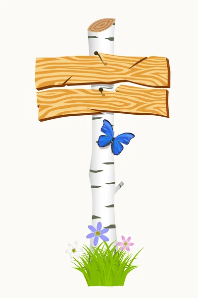 Letrero de madera con flores y mariposas. Vector illustrati — Vector de stock