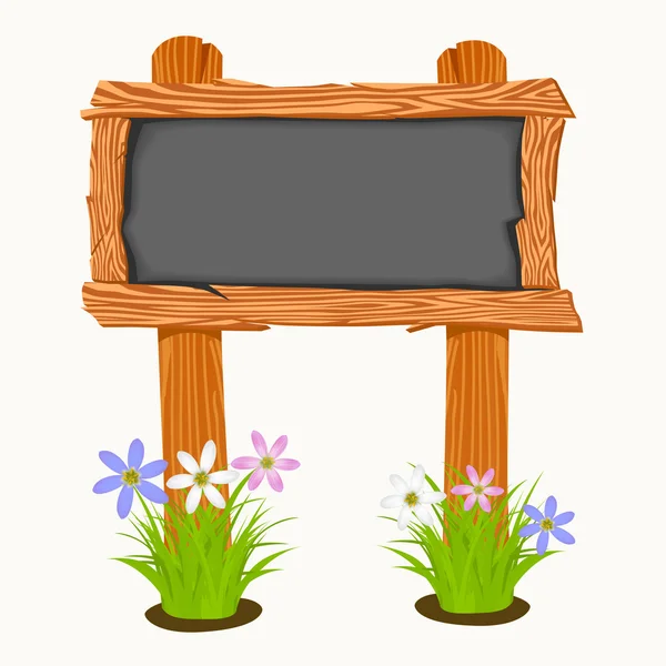 Tablă de școală din lemn cu flori și fluturi . — Vector de stoc