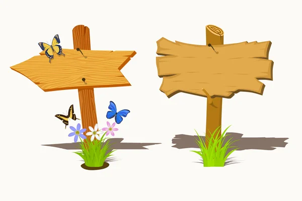 Set of Wooden signboard with flowers and butterflies. — Stock Vector