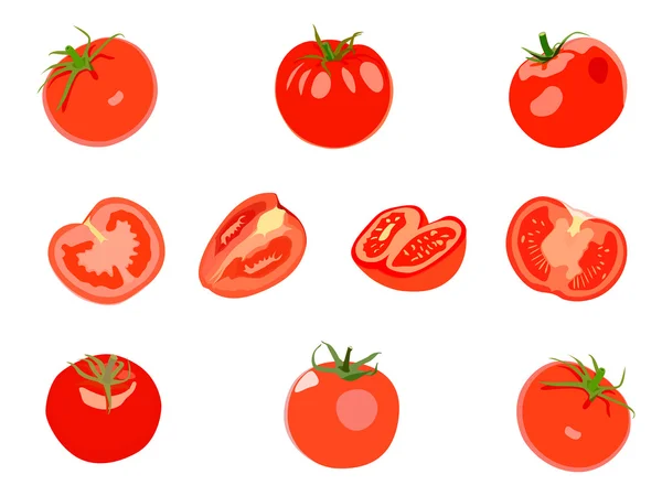 Conjunto de tomates rojos. Ilustración vectorial. Aislado sobre respaldo blanco — Vector de stock