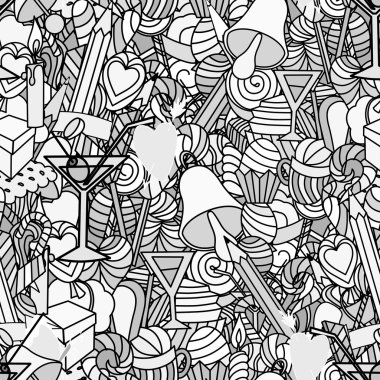 Arka plan, doodle seamless modeli. Aşk ve tatlılar.