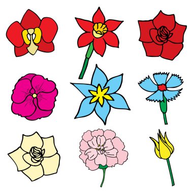 Güzel çiçekler, vektör çizim, çizilmiş doodle kümesi