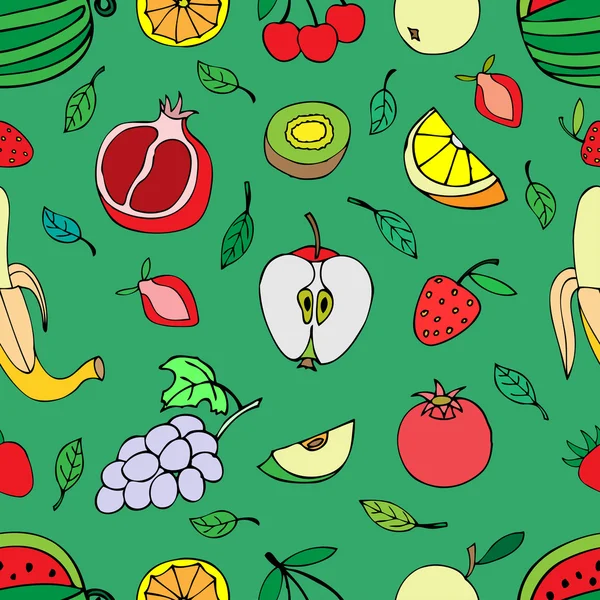 Seamless pattern with set of sweet fruits and berries. Apples, w — Stock Vector