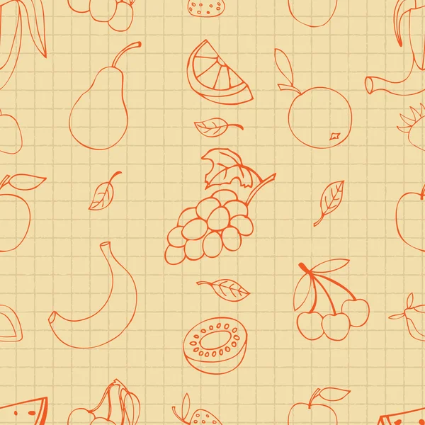 Garabatos de frutas sin costura en cuaderno cuadrado página fondo iconos — Vector de stock