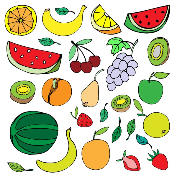 Doodle conjunto de diferentes frutas isoladas em fundo branco — Vetor de Stock