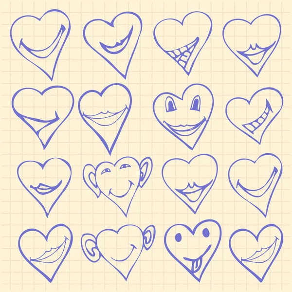 Collectie van verschillende hart symbolen doodle, verschillende emoties — Stockvector