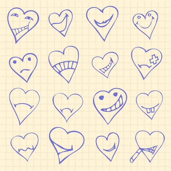 Coleção de diferentes símbolos do coração doodle, emoções diferentes — Vetor de Stock
