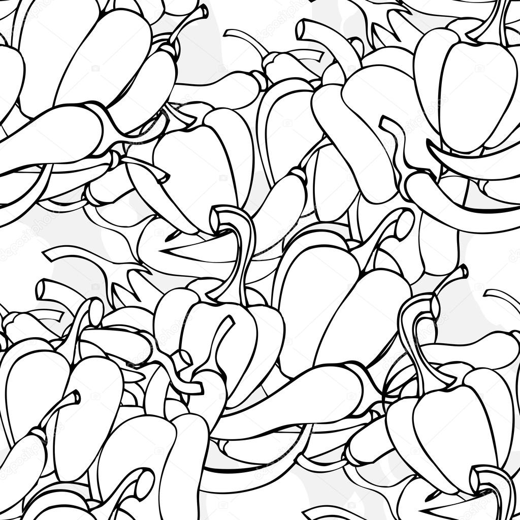 Seamless pattern with Sweet and hot peppers, bell peppers on a w
