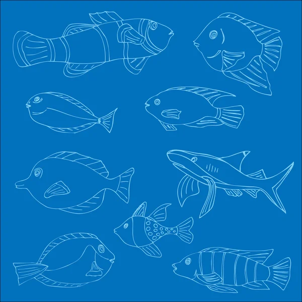 Ensemble de poissons tropicaux. Illustration vectorielle. Isolé sur bleu — Image vectorielle