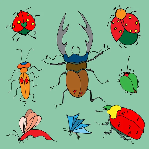 Conjunto de insetos coloridos. Desenho de besouros. Inseto na ba verde — Vetor de Stock