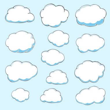 Çizgi film bulutlar. İllüstrasyon mavi zemin üzerine. Vektör