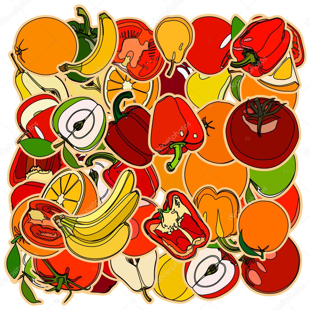 Insieme della frutta e ve azione Doodle disegno a fumetti Il vettore — Vettoriale