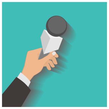 Hand holding a microphone, press conference, vector illustration clipart