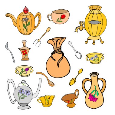 Yemek ve düz yedekleme kümesi simgeleri, mutfak eşyaları şık tasarım vektör öğeleri izole doodle