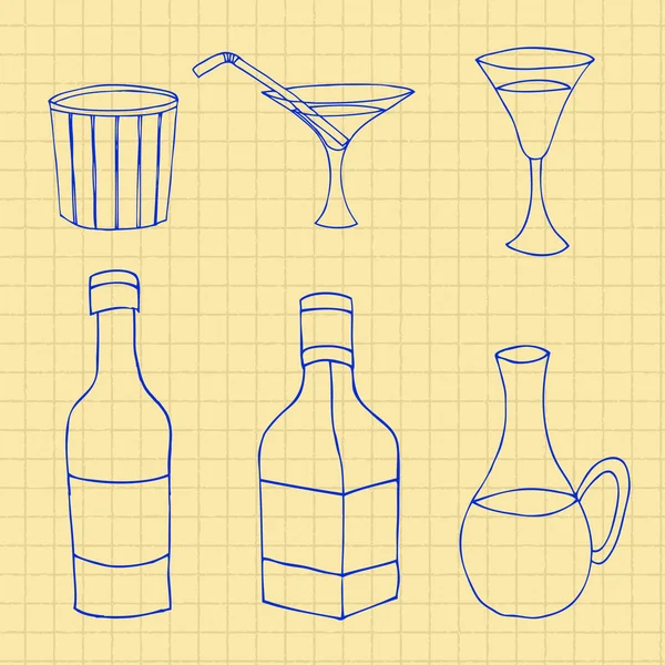 Conjunto de botellas de vidrio dibujado a mano, boceto, tinta dibujo vector illu — Archivo Imágenes Vectoriales