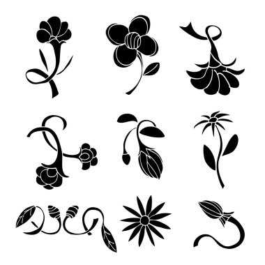 Siyah çiçek tasarım elementleri kümesi