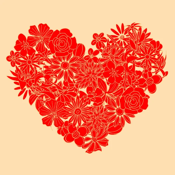 A forma do coração é feita de flores bonitas desenhadas à mão — Vetor de Stock