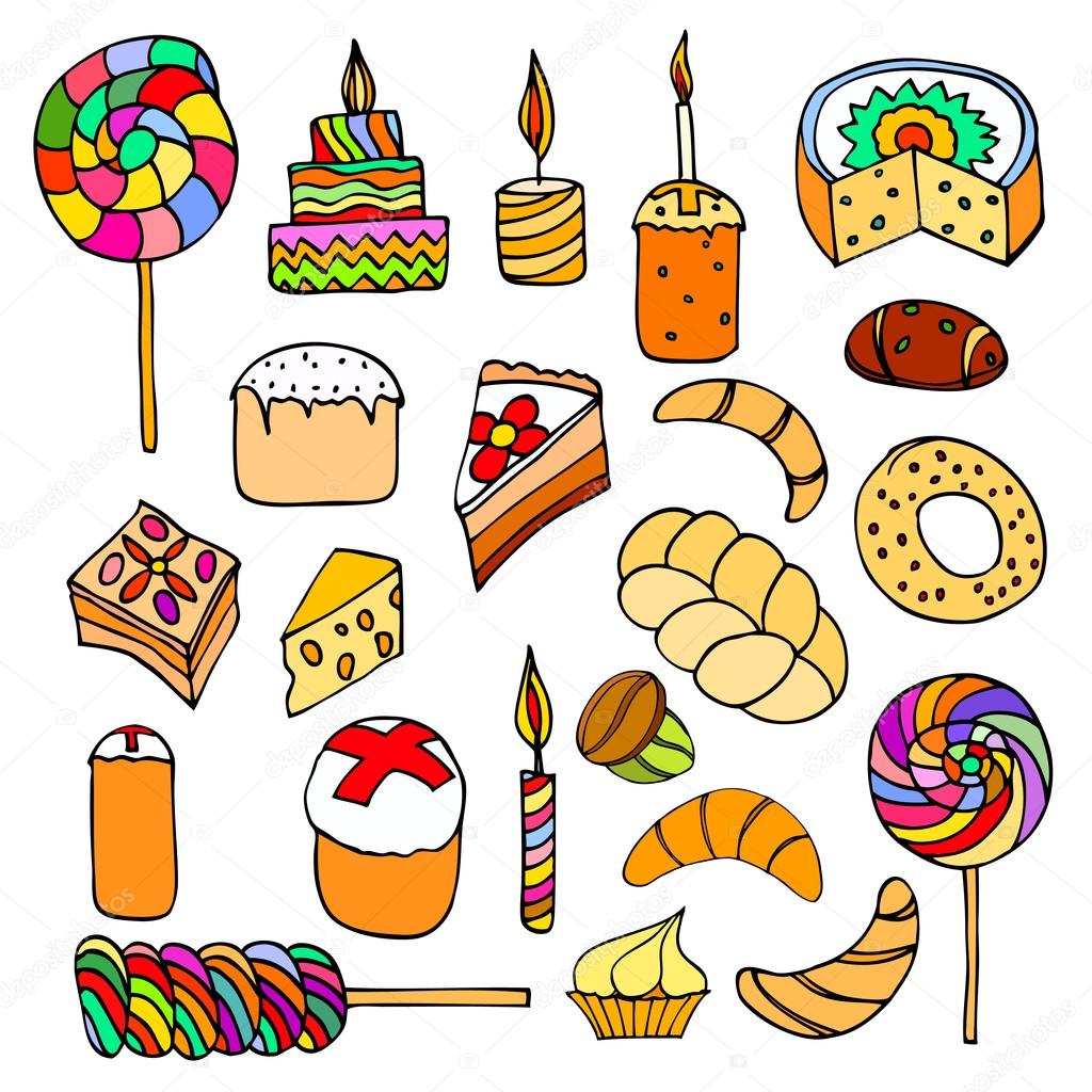 Conjunto de dulces, dibujado a mano, vector Doodle 2024