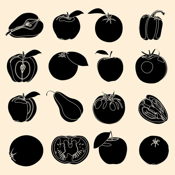 Set de siluetas de frutas y verduras — Archivo Imágenes Vectoriales