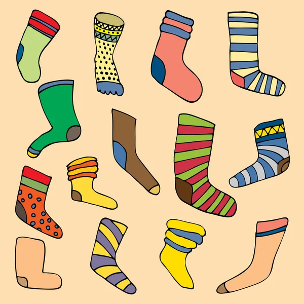 Sada různých ponožky v kruhu. Kulatý tvar z ručně kreslenou — Stockový vektor