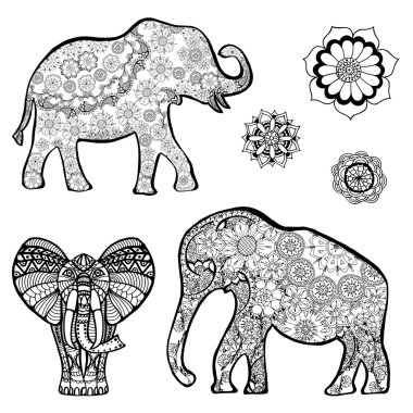 Bir fil ile Hindistan'ın etnik desenler çizim vektör. Grange arka plan üzerinde. Resmi olarak bir dövme.