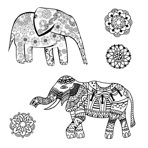 Vektorzeichnung eines Elefanten mit ethnischen Mustern Indiens. auf dem gruseligen Hintergrund. Image als Tätowierung. — Stockvektor