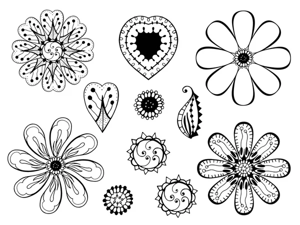 Garabatos monocromáticos flores y hojas — Vector de stock