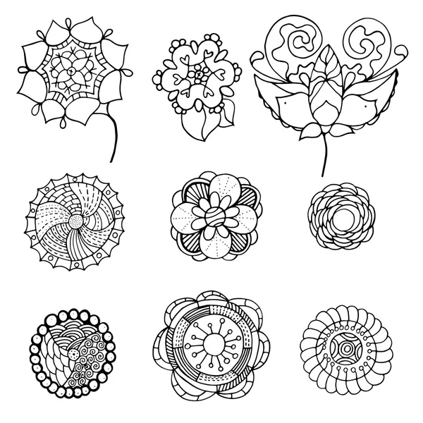 Monochroom doodle bloemen en bladeren — Stockvector