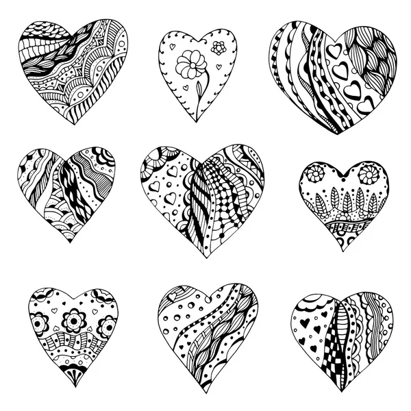 Corações estilo zentangle — Vetor de Stock