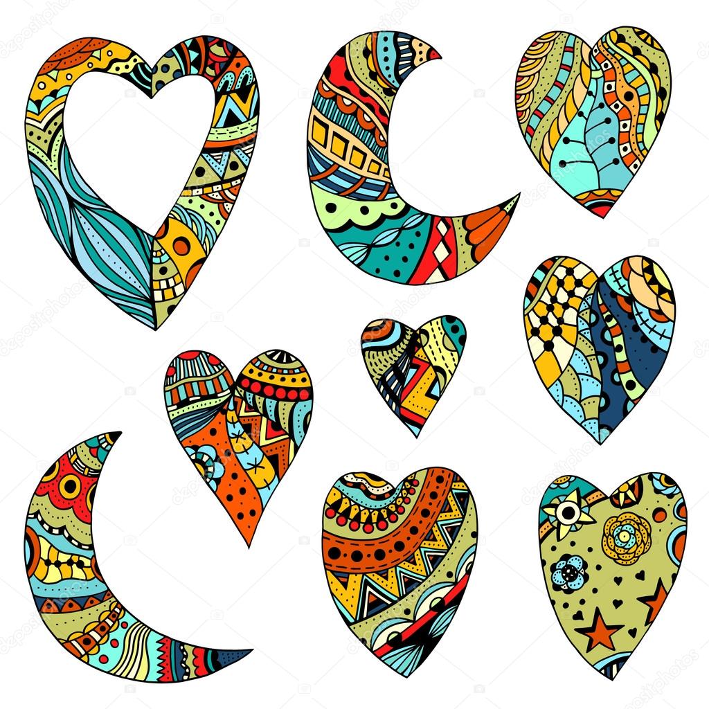 Set Hand drawn colored hearts and crescent
