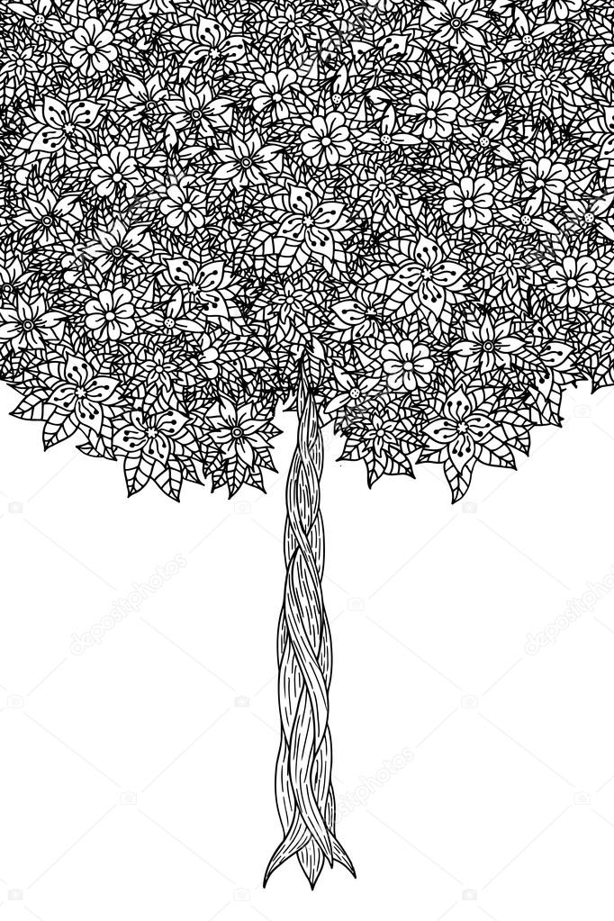 Tree with leaves and flowers. Vector. Coloring book page for adults. Hand drawn. Bohemia concept for wedding invitation, card, ticket, branding, logo, label. Black and white