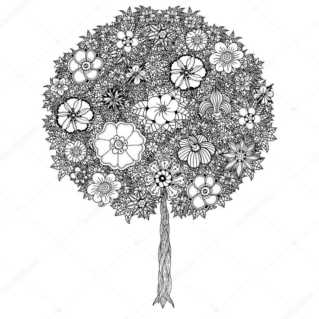 Tree with leaves and flowers. Vector. Coloring book page for adults. Hand drawn. Bohemia concept for wedding invitation, card, ticket, branding, logo, label. Black and white