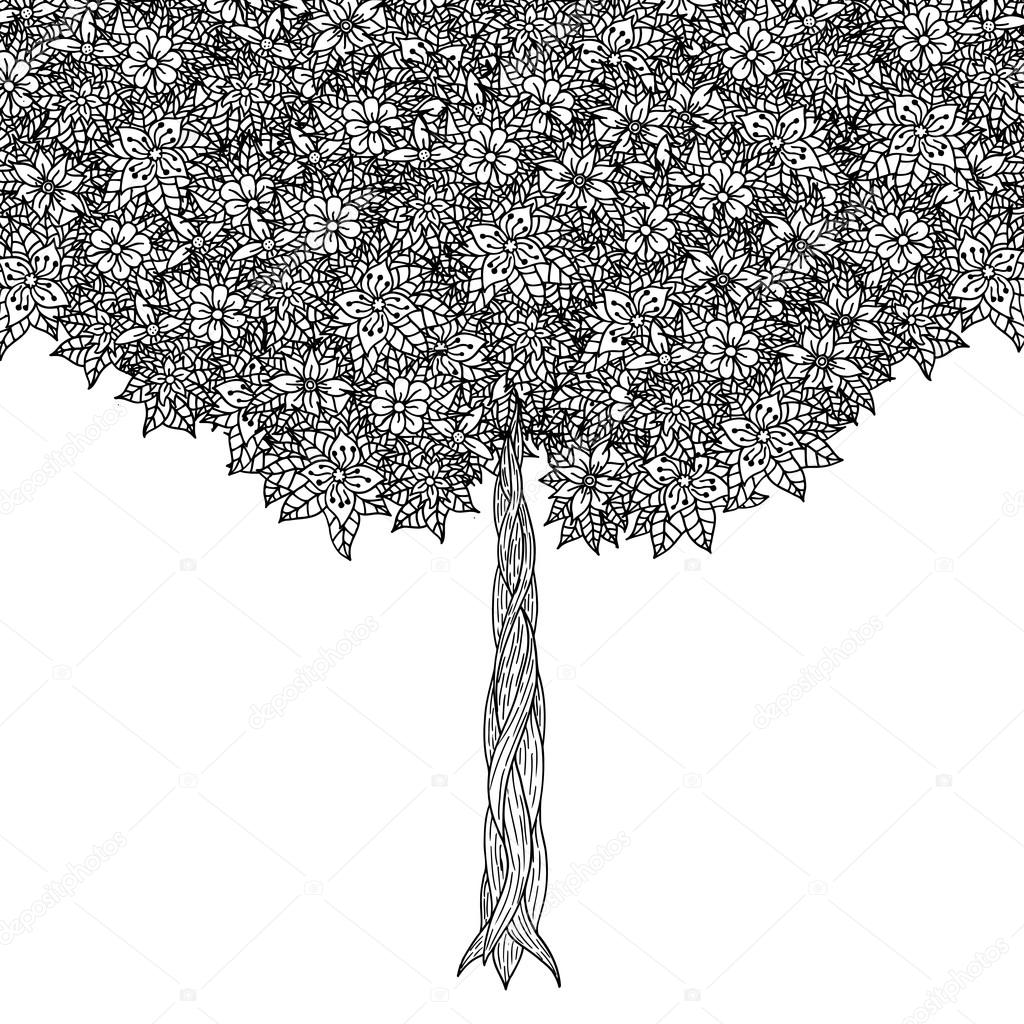 Albero con foglie e fiori Vettore Pagina di libro da colorare per adulti Disegnato a mano Concetto di Boemia per invito a nozze cartolina biglietto