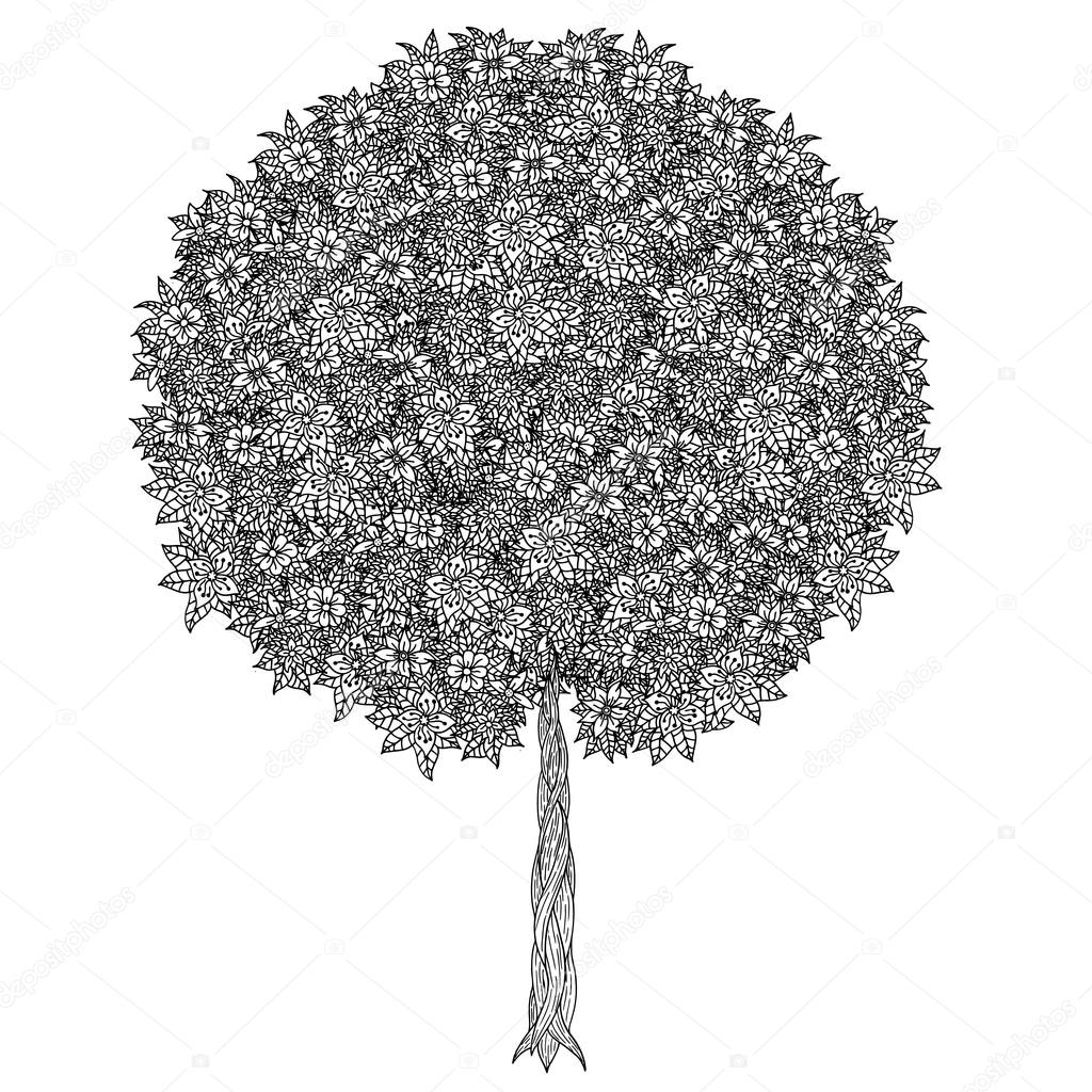 Tree with leaves and flowers. Vector. Coloring book page for adults. Hand drawn. Bohemia concept for wedding invitation, card, ticket, branding, logo, label. Black and white