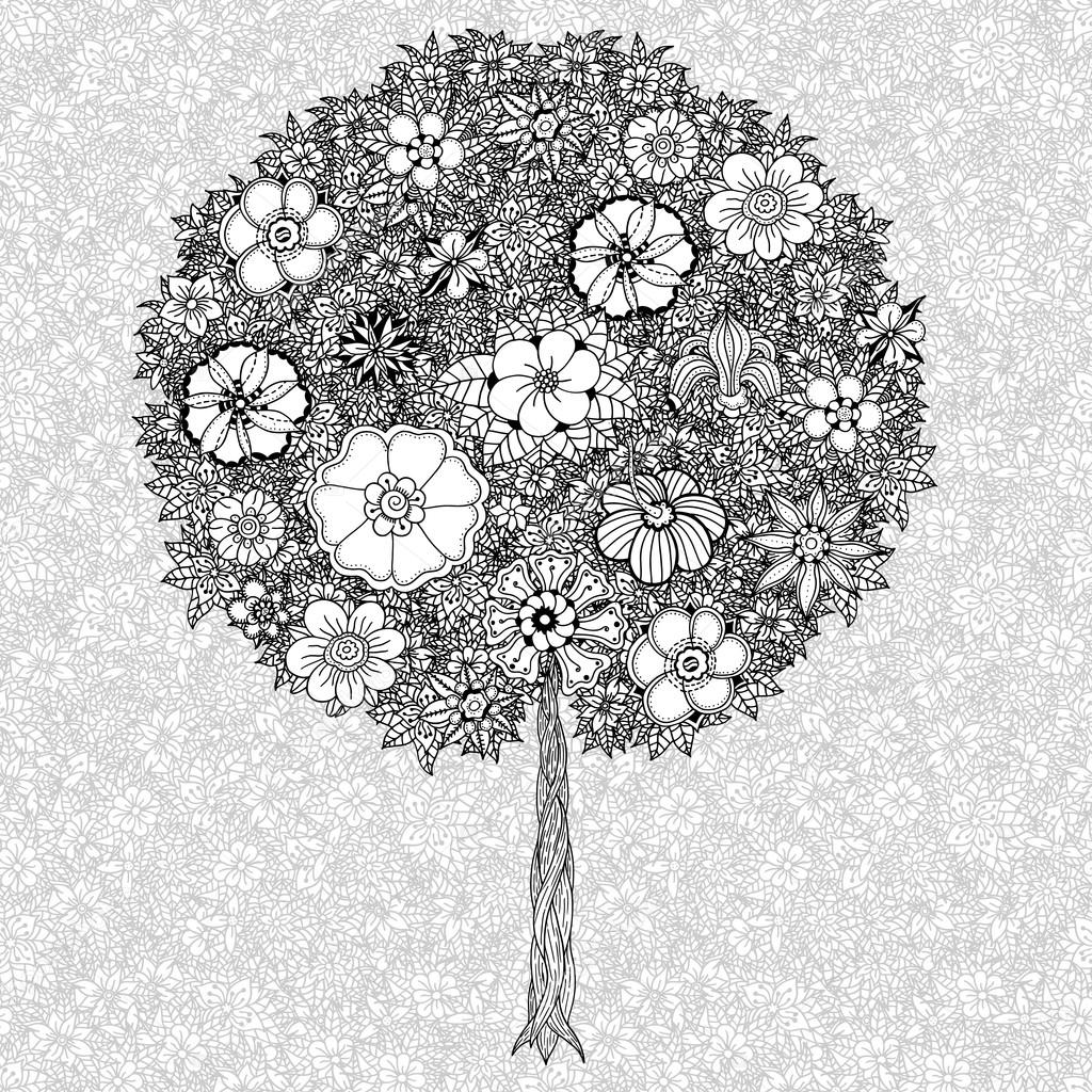 Tree with leaves and flowers. Vector. Coloring book page for adults. Hand drawn. Bohemia concept for wedding invitation, card, ticket, branding, logo, label. Black and white