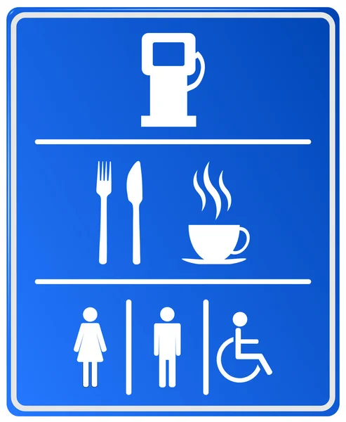 Εικονίδιο μπλε πρατήριο βενζίνης με βενζινάδικο, φαγητό, καφέ και wc — Διανυσματικό Αρχείο
