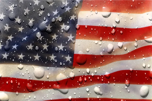 Bandera Americana Estrellas Tiras Con Gotas Agua Mojada Sobre Ella — Foto de Stock