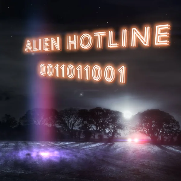 Lema Alien Hotline Con Luces Aterrizaje Ovni Faros Coche Oscuro — Foto de Stock
