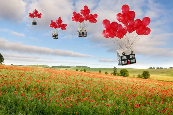 美しいポピー畑の上に浮かぶ赤い風船に結ばれた家 引越しの家と不動産屋のコンセプト — ストック写真