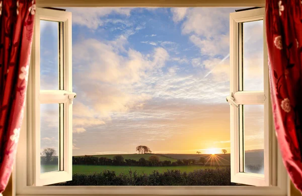 Stunning Open Window View Sunrise Rural Landscape Summer — Stock Photo, Image