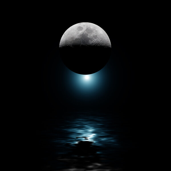 Luna retroiluminada y estrella azul sobre el agua — Foto de Stock