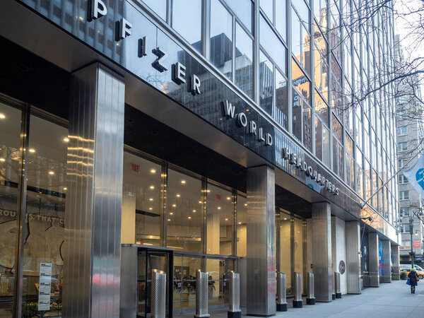 New York, NY, USA - December 10, 2020: Exterior of the Pfizer World headquarter buiding exterior. Pfizer Inc. is an American multinational pharmaceutical corporation. It is one of the world's largest pharmaceutical companies. Pfizer is on the final s
