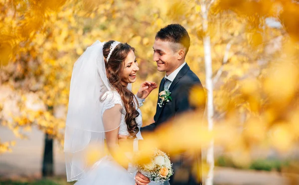 Wedding couple in autumn park — Stock Photo, Image