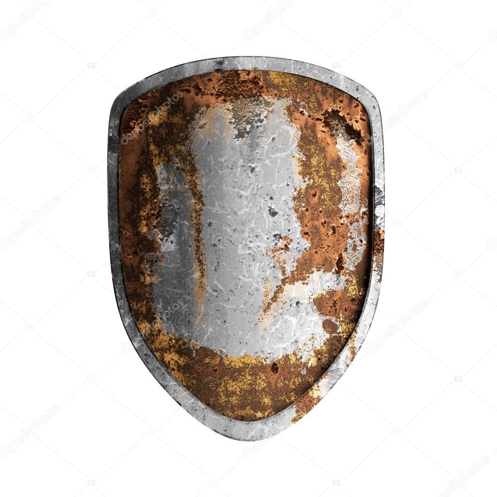 Old rusted shield isolated on white background.