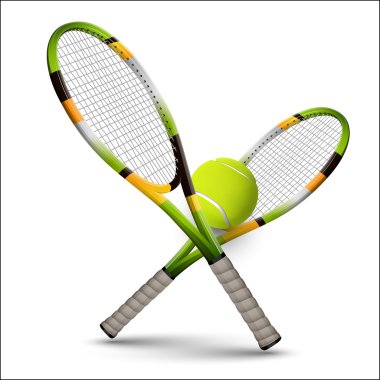 Tenis raketleri ve beyaz arka plan üzerinde izole top semboller