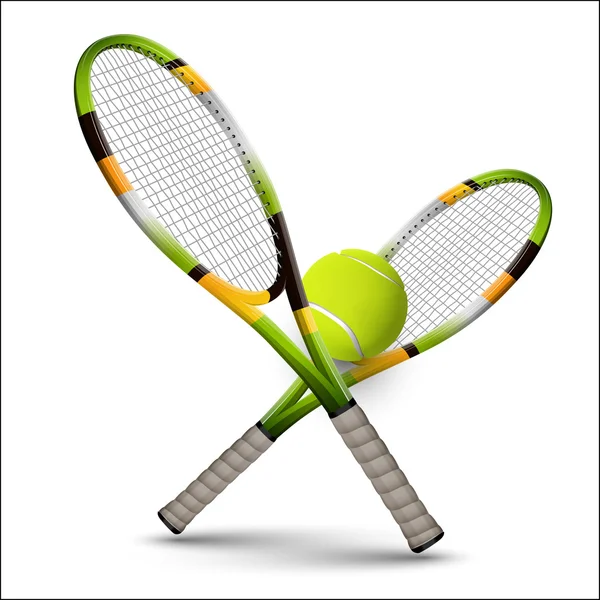 Raquetas y pelota con símbolos de tenis aislados sobre fondo blanco — Vector de stock