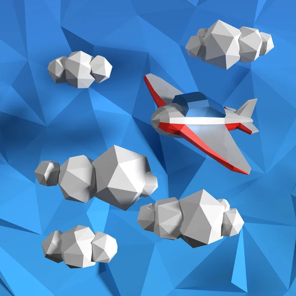 Low poly sky with clouds and small airplane — Stock Photo, Image