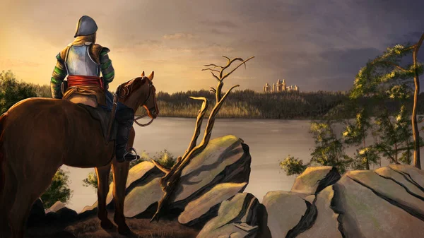 Knight on the horse on the cliff looking to the castle by the golden sunset. Digital painting illustration.