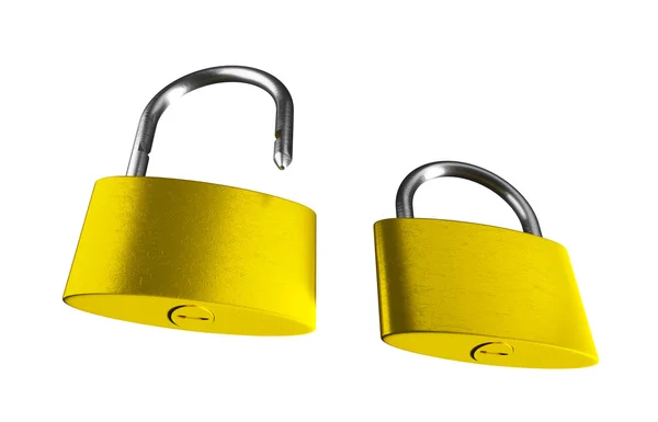 3D render image of locked and unlocked golden padlocks isolated — Stock Photo, Image